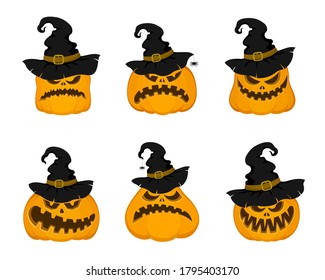 Set of vector pumpkins in Halloween hats with spiders. Cartoon style. Symbols of the autumn holiday. Collection for design postcards, party invitations, posters. Isolated over white background.