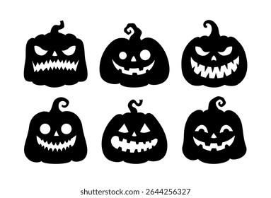 Set of vector pumpkins for Halloween. Jack-o-lanterns. Black silhouettes in cartoon style. The symbols of the autumn holiday. For cards, party invitations, plotter. Isolated on a white background.
