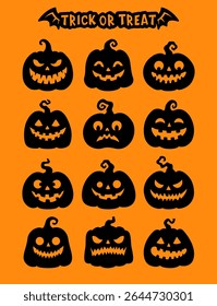 Set of vector pumpkins for Halloween. Jack-o-lanterns. Black silhouettes in cartoon style. The symbols of the autumn holiday. For cards, party invitations, plotter. Isolated on a white background.