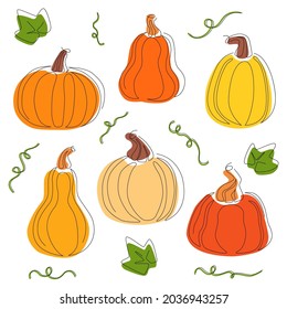 Set of vector pumpkins isolated on a white background. Hand-drawn collection of various pumpkins shapes, black outlined and colored. Trendy flat design for autumn, Halloween, harvest  decorative desig