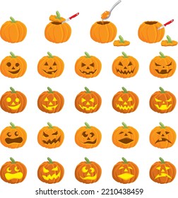 Set of vector pumpkins and jack o lanterns being carved with a variety of faces