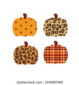 Set of vector pumpkins. Leopard, polka dot and Buffalo plaid print. Fall Autumn graphic elements.