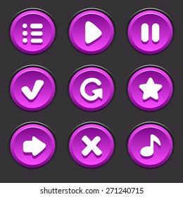 Set of vector purple buttons to play, pause, menu, arrow, music, restart