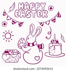 Set of vector purple doodle elements for Easter: bunny with egg, Easter cake, lettering, basket with eggs, bunny ears with flowers, flags