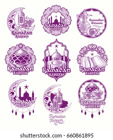 Set vector purple illustrations, sign for Ramadan Kareem with lantern, towers of mosque, crescent with arabic pattern isolated on white