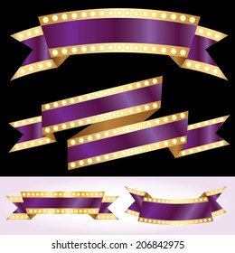 set of vector purple show banners with bulb lamps