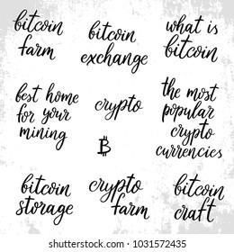 Set of vector quotes about bitcoin and crypto currences. Bitcoin farm. What is bitcoin. Best home for yout mining. Crypto currencies. Bitcoin craft. Vector symbol.