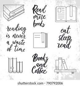Set of vector quotes about books. Thin line books and reading icon. Hand lettering quote about reading. Vector illustration on black background. Hand drawn calligraphy.