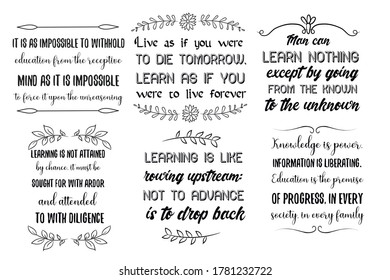 Set of Vector Quotes about knowledge and education. Calligraphy sayings for print. 