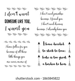 Set of vector quotes about love and Romantic feeling. Design elements for Valentine's day