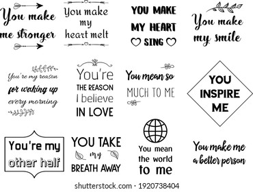 Set of vector quotes about love and Romantic feeling. Design elements for Valentine's day