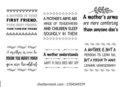 Conjunto de citas vectoriales para el Día de la Madre.  Caligrafía dice sobre la familia materna y los niños