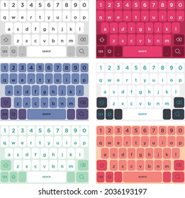 Set of vector QWERTY mobile keyboards for smart phone designs. Set of vector keyboards for the user interface to write text and messages on a mobile screen. Chat buttons to type. 