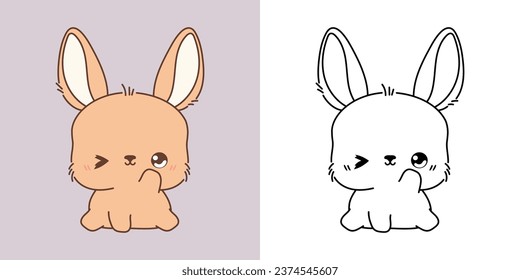 Set Vector Rabbit Multicolored and Black and White. Kawaii Clip Art Bunny. Cute Vector Illustration of a Kawaii Hare for Stickers, Baby Shower, Coloring Pages. 