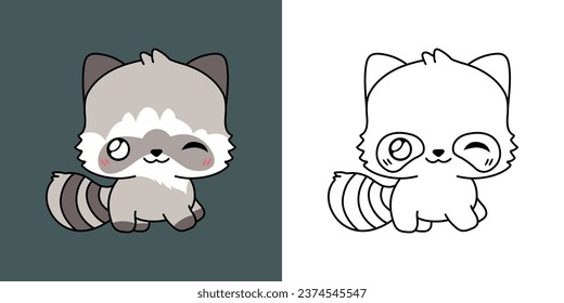 Set Vector Raccoon Multicolored and Black and White. Kawaii Clip Art Racoon. Cute Vector Illustration of a Kawaii Animal for Stickers, Baby Shower, Coloring Pages. 