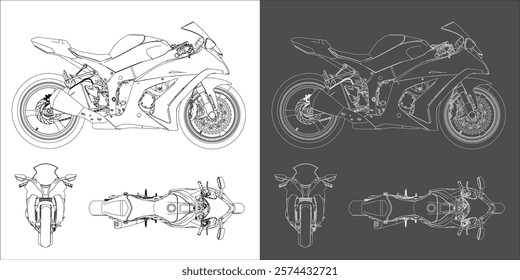 set vector race moto motorcycle sportbike. illustration technical drawing of blueprints isolated on transparent background