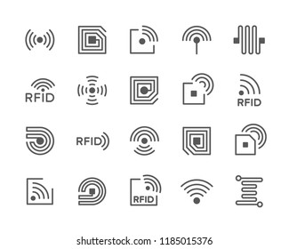 Set of vector Radio-frequency identification and RFID chip line icons. Antenna, circuit, semiconductor, computer, tag, wire, wireless and more.