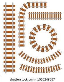 Set of vector railroad and railway tracks construction elements. Straight and curved railroad track. Trackway structure for traffic train. Vector illustration isolated on white background.