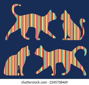 Set of vector rainbow striped stylised cats
