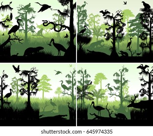set of vector rainforest wetland silhouettes in sunset design template with animals