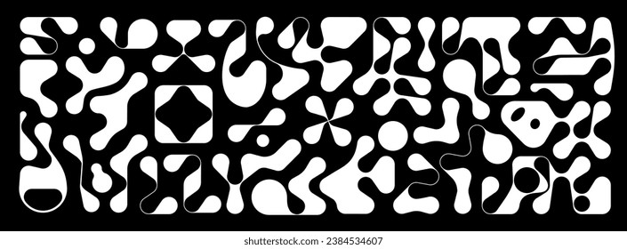 Set of vector random shapes. Fluid drop figures in brutalism style. Drop-shaped intricately curved shapes. Liquid spreading forms, splashes and smudges. brutalist objects in the y2k style