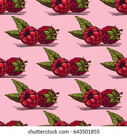Set of vector raspberries and leaves isolated on pink background
