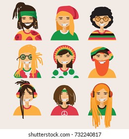 Set with vector rastafarian men, isolated on background. Lovely flat cartoon characters in bright colors