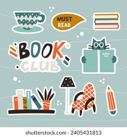 Set of vector reading club stickers. Flat illustration set on gray background