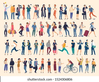 Set Of Vector Ready To Animation People Characters Performing Various Activities. Group Of Men And Women Flat Design Style Cartoon Characters Isolated On White Background.