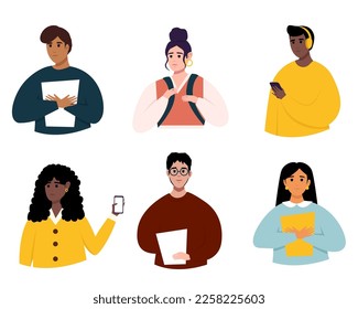 Set of vector ready to animation people characters performing various activities. Different nation young girls and boys holding books and laptop. Students group, international people vector.