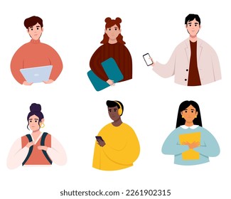 Set of vector ready to animation people characters performing various activities. Different nation young girls and boys holding books and laptop. Students group, international people vector.