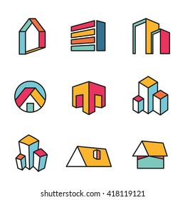 Set of vector real estate house logo designs, Vector, flat icon, badges, labels, clip art. Lineart style. Variable line