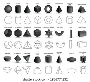 Set of vector realistic 3D black geometric shapes isolated on white background. Mathematics of geometric shapes, linear objects, contours. Platonic solid. Icons, logos for education, business, design