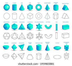 Set of vector realistic 3D blue geometric shapes isolated on white background. Mathematics of geometric shapes, linear objects, contours. Platonic solid. Icons, logos for education, business, design