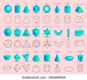 Conjunto de formas geométricas vectoriales 3D azules aisladas en fondo rosado. Matemáticas de formas geométricas, objetos lineales, contornos. sólido platónico. Iconos, logos para educación, negocios, diseño