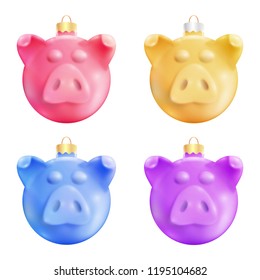 Set of vector realistic 3d cartoon pig toy. Symbol of chinese new year, design concept. Colorful trendy illustration for branding banner, cover, poster, card.