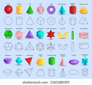 Satz von vektorrealistischen 3D-farbigen geometrischen Formen einzeln auf weißem Hintergrund. Mathematik geometrischer Formen, linearer Objekte, Konturen. Platonischer Feststoff. Symbole, Logos für Bildung, Design