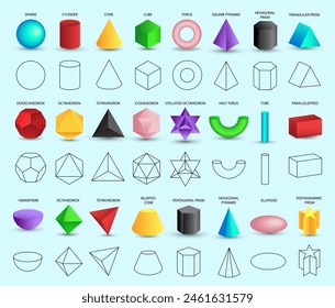 Set von Vektorgrafik realistische 3D bunte geometrische Formen auf weißem Hintergrund isoliert. Die Mathematik der geometrischen Formen, Linearobjekte, Konturen. Platonischer Feststoff. Symbole, Logos für Bildung, Design