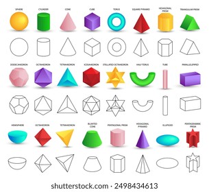 Satz von vektorrealistischen 3D bunten geometrischen Formen einzeln auf weißem Hintergrund. Mathematik der geometrischen Formen, lineare Objekte, Konturen. Platonischer Feststoff. Symbole, Logos für Bildung, Design