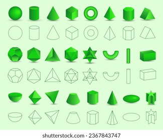 Set of vector realistic 3D green geometric shapes isolated on white background. Mathematics of geometric shapes, linear objects, contours. Platonic solid. Icons, logos for education, business, design