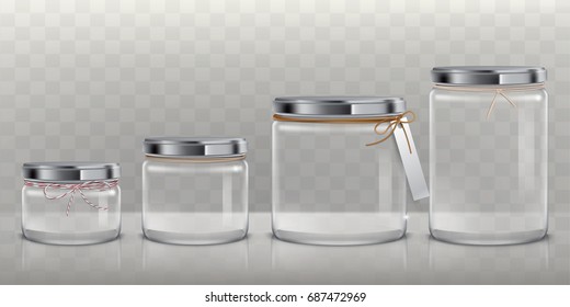 Set of vector realistic 3D illustrations of transparent glass jars for storage of food products, canning and preserving, isolated on a transparent background