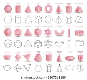 Satz von vektorrealistischen 3D-rosa geometrischen Formen einzeln auf weißem Hintergrund. Mathematik geometrischer Formen, linearer Objekte, Konturen. Platonischer Feststoff. Symbole, Logos für Bildung, Wirtschaft, Design