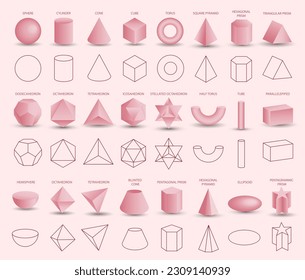 Set of vector realistic 3D pink geometric shapes isolated on background. Mathematics of geometric shapes, linear objects, contours. Platonic solid. Icons, logos for education, business, design