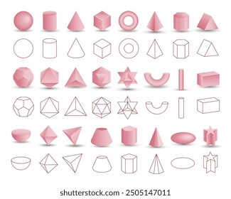 Satz von vektorrealistischen 3D-rosa geometrischen Formen, einzeln auf weißem Hintergrund. Mathematik der geometrischen Formen, lineare Objekte, Konturen. Platonischer Feststoff. Symbole, Logos für Bildung, Wirtschaft, Design