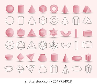 Satz von vektorrealistischen 3D-rosa geometrischen Formen einzeln auf Hintergrund. Mathematik der geometrischen Formen, lineare Objekte, Konturen. Platonischer Feststoff. Symbole, Logos für Bildung, Wirtschaft, Design