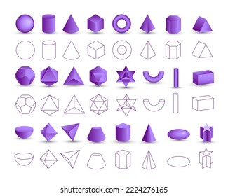 Set of vector realistic 3D purple geometric shapes isolated on white background. Mathematics of geometric shapes, linear objects, contours. Platonic solid. Icons, logos for education, business, design