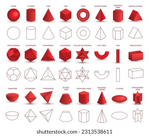 Satz von vektorrealistischen 3D-roten geometrischen Formen einzeln auf weißem Hintergrund. Mathematik geometrischer Formen, linearer Objekte, Konturen. Platonischer Feststoff. Symbole, Logos für Bildung, Wirtschaft, Design