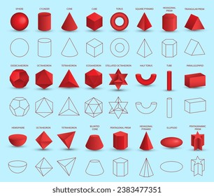 Satz von vektorrealistischen 3D-roten geometrischen Formen einzeln auf dem Hintergrund. Mathematik geometrischer Formen, linearer Objekte, Konturen. Platonischer Feststoff. Symbole, Logos für Bildung, Wirtschaft, Design