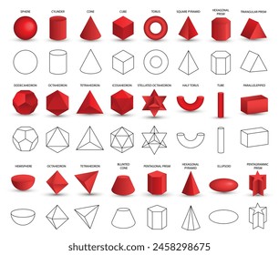 Set von Vektorgrafik realistische 3D-rote geometrische Formen auf weißem Hintergrund isoliert. Die Mathematik der geometrischen Formen, Linearobjekte, Konturen. Platonischer Feststoff. Symbole, Logos für Bildung, Business, Design