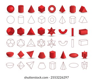 Satz von vektorrealistischen 3D-roten geometrischen Formen, einzeln auf weißem Hintergrund. Mathematik der geometrischen Formen, lineare Objekte, Konturen. Platonischer Feststoff. Symbole, Logos für Bildung, Wirtschaft, Design